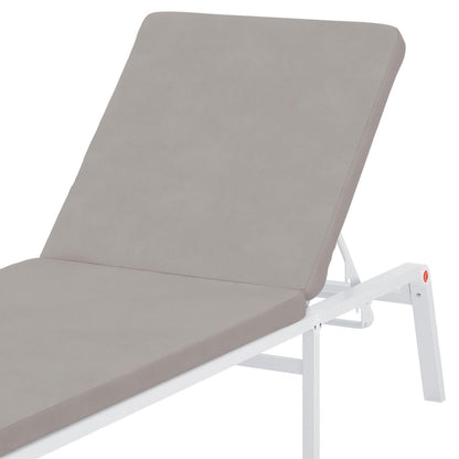 Jabari Outdoor Sun Lounger with Cushion in Warm Grey, showcasing its adjustable recline on a white metal frame, highlighting the durable design and comfortable upholstery for ultimate outdoor relaxation.