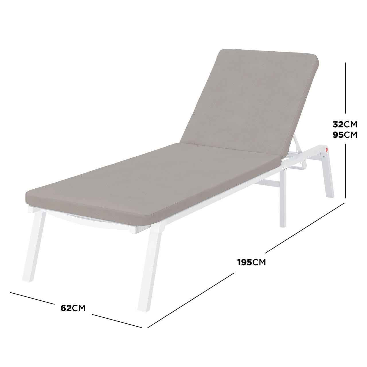 Jabari Outdoor Sun Lounger with Cushion in Warm Grey, featuring a slim, adjustable backrest, white metal frame, and grey cushion, designed for versatile outdoor relaxation with durable, weather-resistant materials.