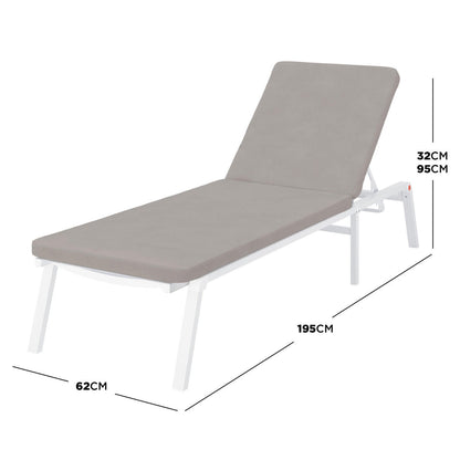 Jabari Outdoor Sun Lounger with Cushion in Warm Grey, featuring a slim, adjustable backrest, white metal frame, and grey cushion, designed for versatile outdoor relaxation with durable, weather-resistant materials.