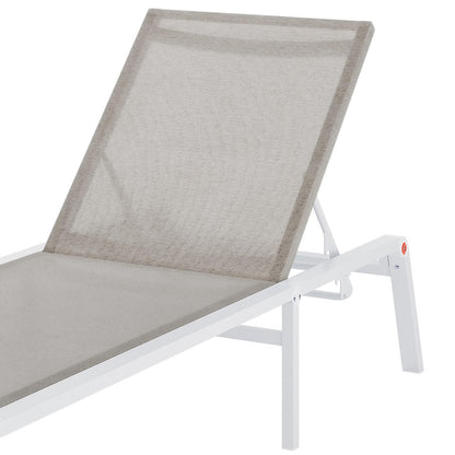 Jabari Textilene Aluminium Outdoor Sunbed in Light Grey features an adjustable white metal frame with a light grey mesh fabric surface, perfect for versatile outdoor lounging and sunbathing.