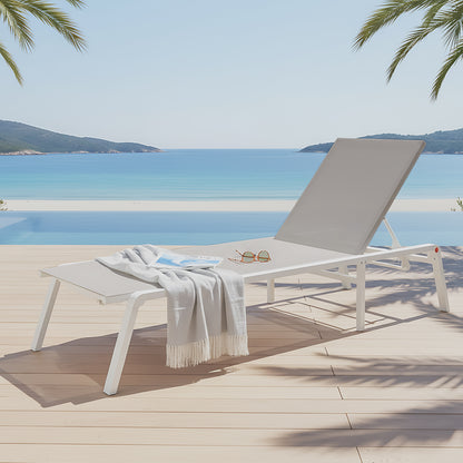 Jabari light grey outdoor sunbed with white aluminium frame, adjustable backrest, poolside setting