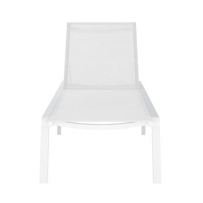 Jabari Textilene Aluminium Sunbed Set of 2 in Cream White features a sleek, minimalist white chaise lounge with a metal frame and a matching mesh seat and backrest, perfect for outdoor relaxation.