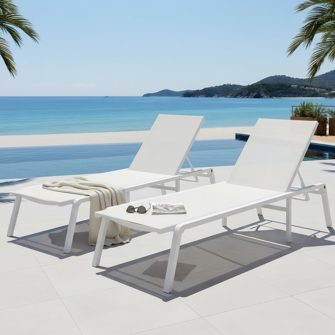 Jabari Textilene Aluminium Sunbed Set of 2 in Cream White, featuring adjustable backrests and sturdy frames, styled beside an