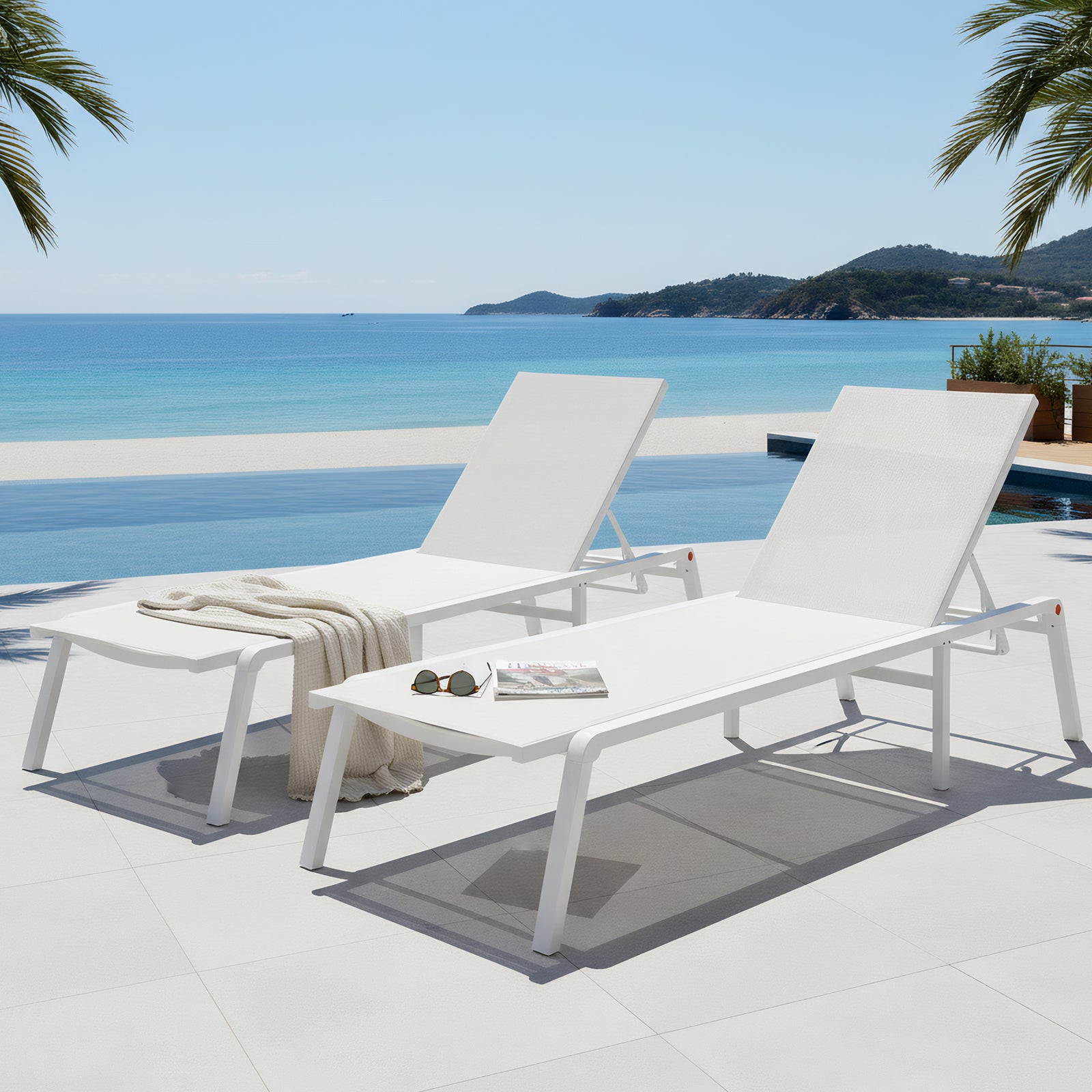 Jabari Textilene Aluminium Sunbed Set of 2 in Cream White, featuring adjustable backrests and sturdy frames, styled beside an