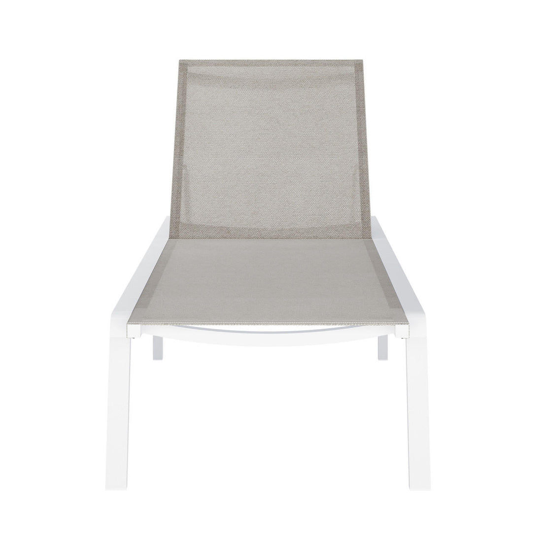 Jabari Outdoor Sun Loungers with Cushions Set of 2, featuring a white metal frame and beige-gray mesh sling seat with adjustable backrest, designed for outdoor relaxation and durability.