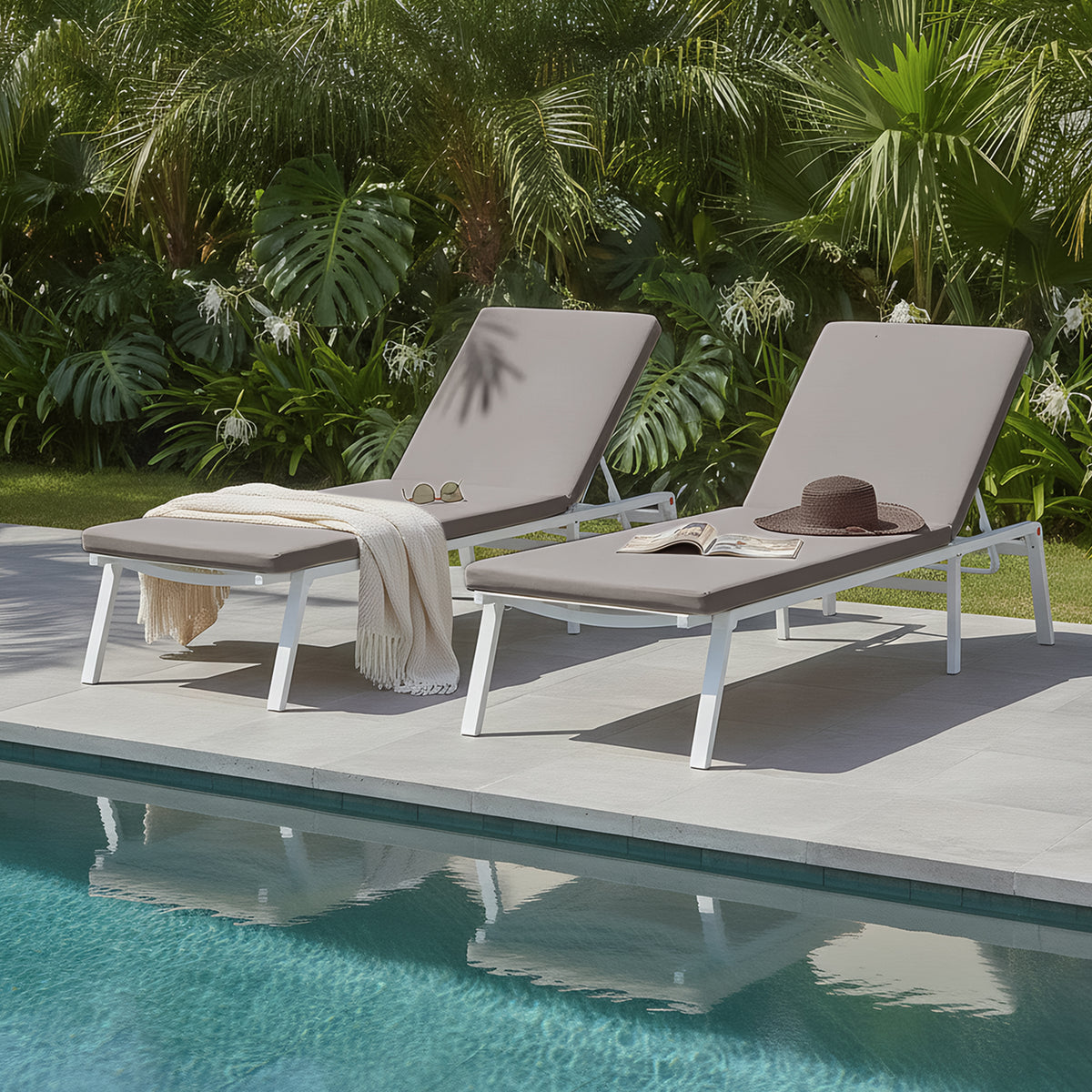 Jabari Outdoor Sun Loungers with Cushions Set of 2 in Warm Grey, featuring adjustable backrests and white metal frames by a