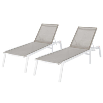 Jabari Outdoor Sun Loungers with Cushions Set of 2 in Light Grey, featuring adjustable white metal frames and mesh sling seats, perfect for poolside or patio relaxation with customizable reclining positions.