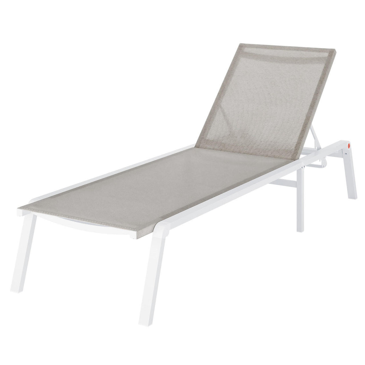 Jabari Outdoor Sun Loungers with Cushions Set of 2 in Light Grey, featuring adjustable reclining positions, a sturdy white metal frame, and durable beige mesh sling seats for poolside or garden relaxation.