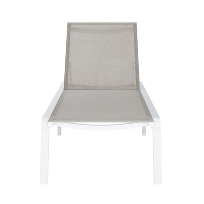 Jabari Outdoor Sun Loungers with Cushions Set of 2 in Light Grey, featuring adjustable reclining positions and a sleek white metal frame with beige mesh fabric, perfect for stylish outdoor relaxation.