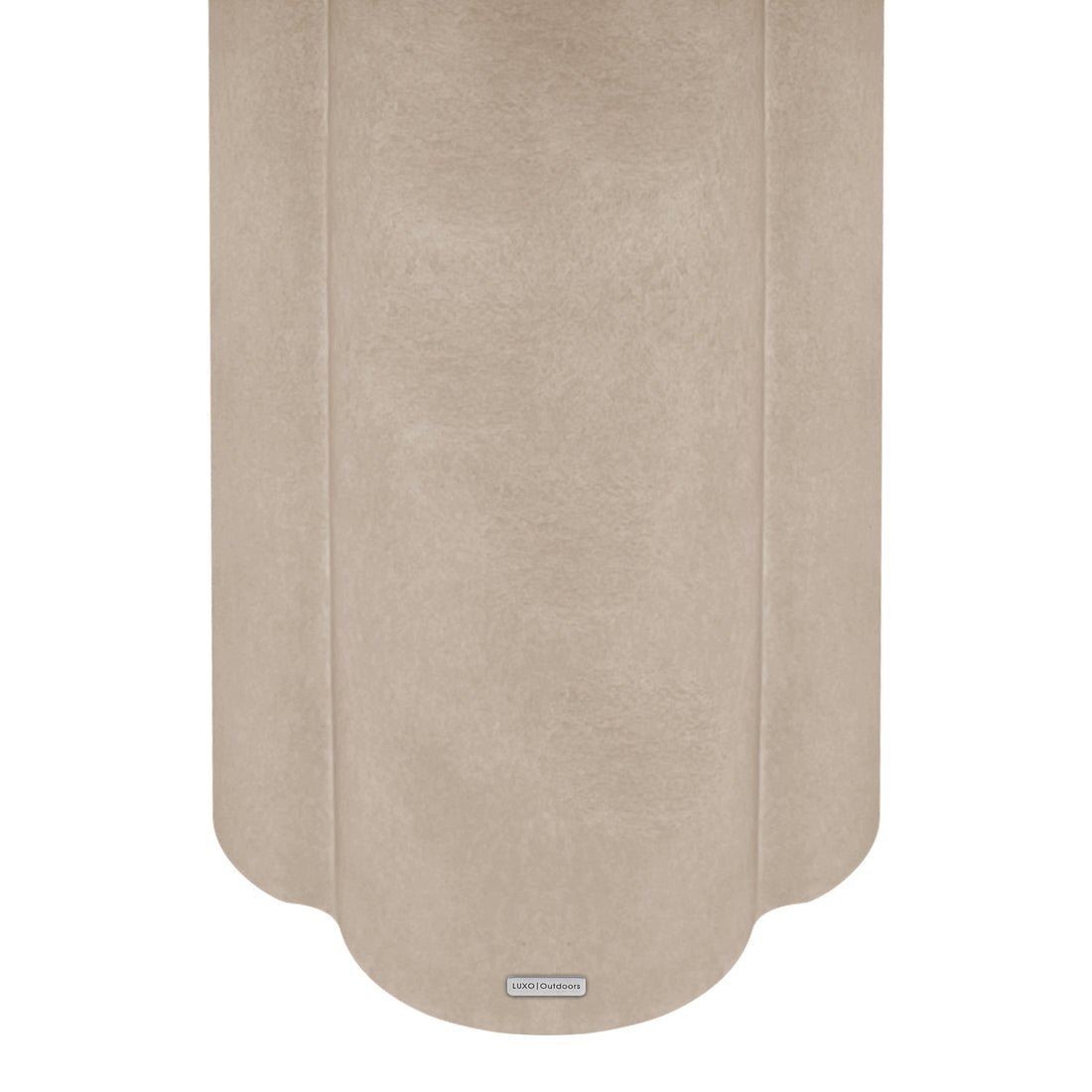 Underside of Jareth 80cm round concrete outdoor entry table in ivory with scalloped edge and LUXO Outdoors badge