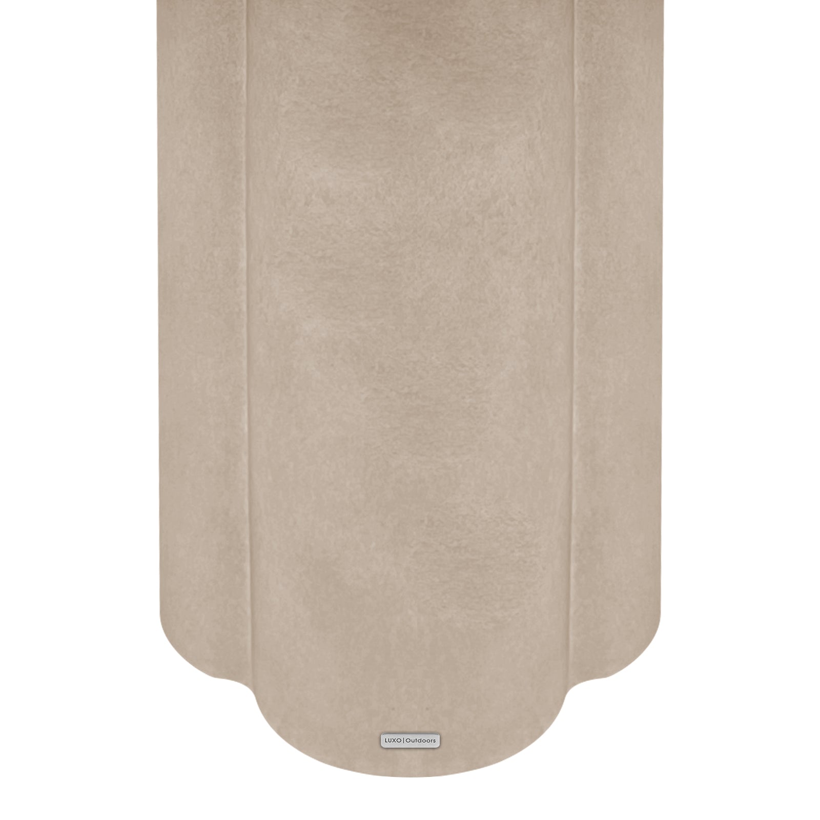 Underside of Jareth 80cm round concrete outdoor entry table in ivory with scalloped edge and LUXO Outdoors badge