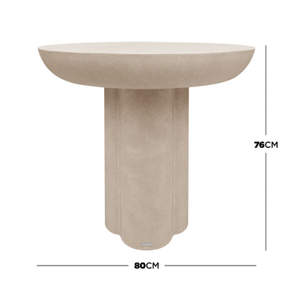 Jareth 80cm round concrete outdoor entry table in ivory with dimensions 76cm height and 80cm width