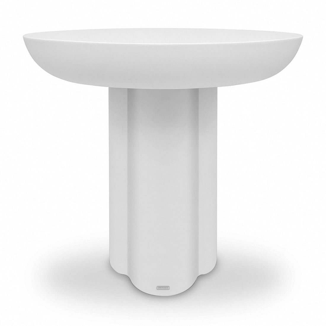 Jareth 80cm round concrete outdoor entry table in white with sculptured cylindrical base and smooth bowl-shaped top