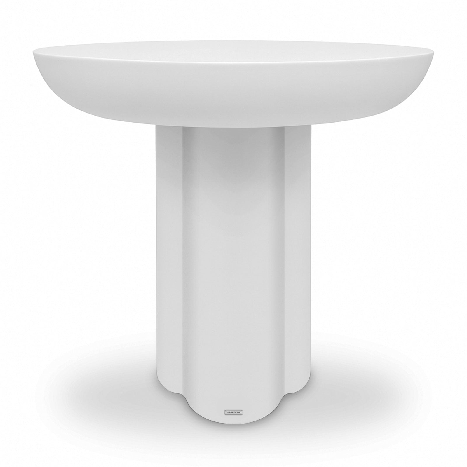Jareth 80cm round concrete outdoor entry table in white with sculptured cylindrical base and smooth bowl-shaped top