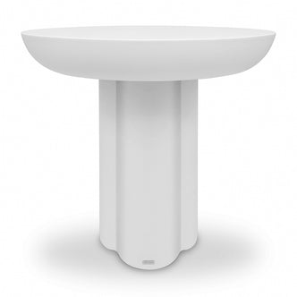 Jareth 80cm round concrete outdoor entry table in white with sculptured cylindrical base and smooth bowl-shaped top