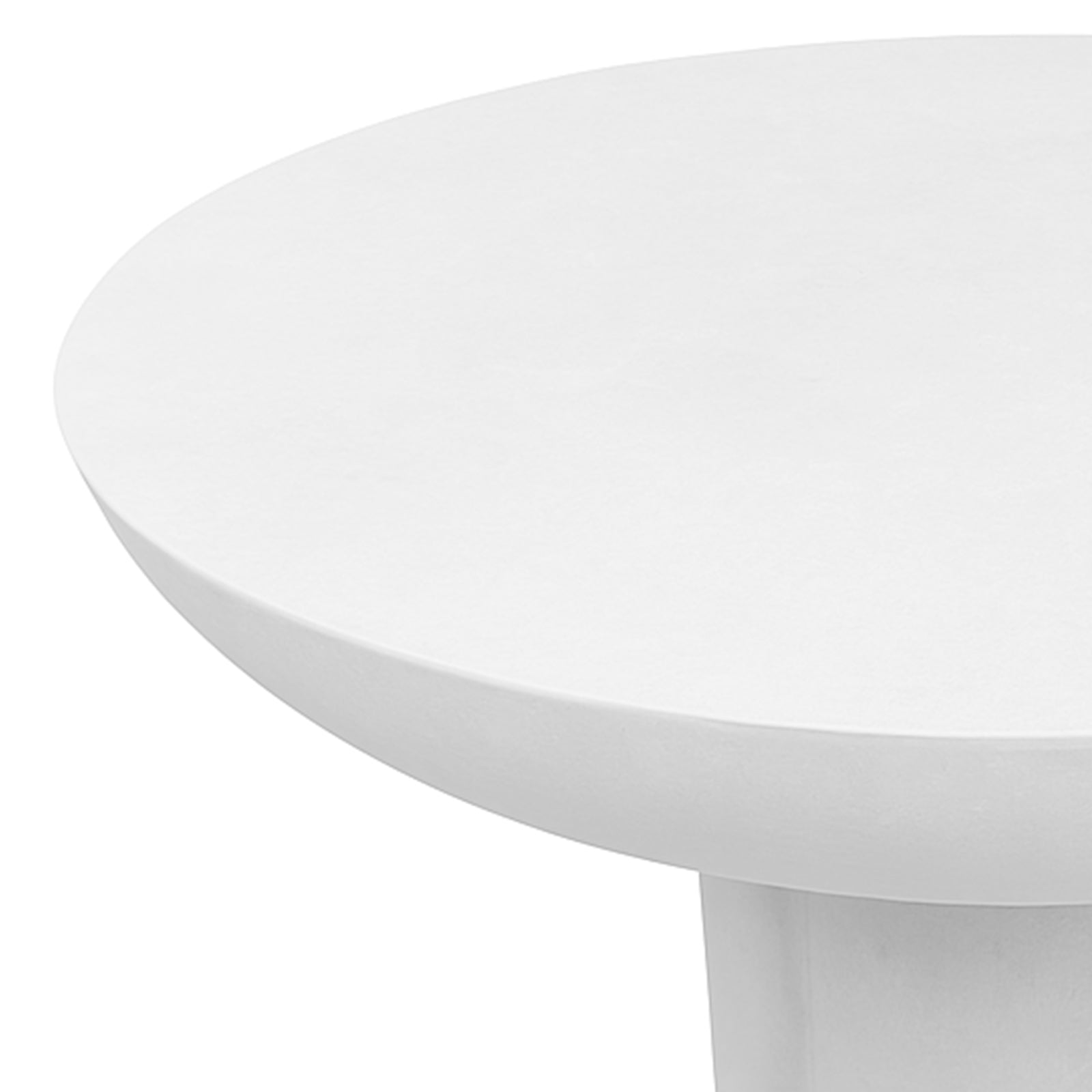 Close-up of the curved edge of the Jareth 80cm Round Concrete Outdoor Entry Table in White, showing the smooth white tabletop