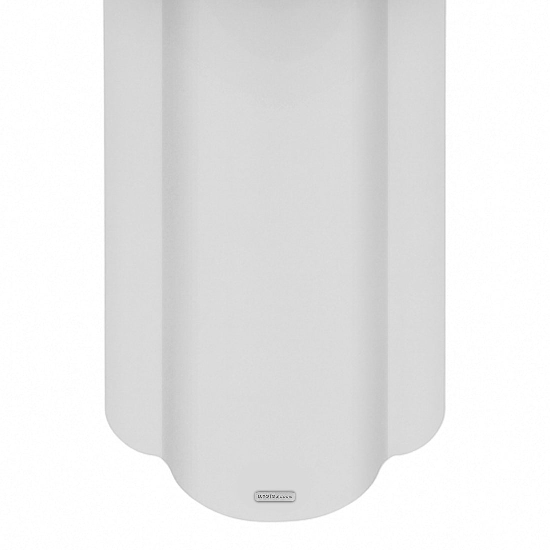 Underside of Jareth 80cm Round Concrete Outdoor Entry Table in White, showing curved base and "LUXO Outdoors" badge