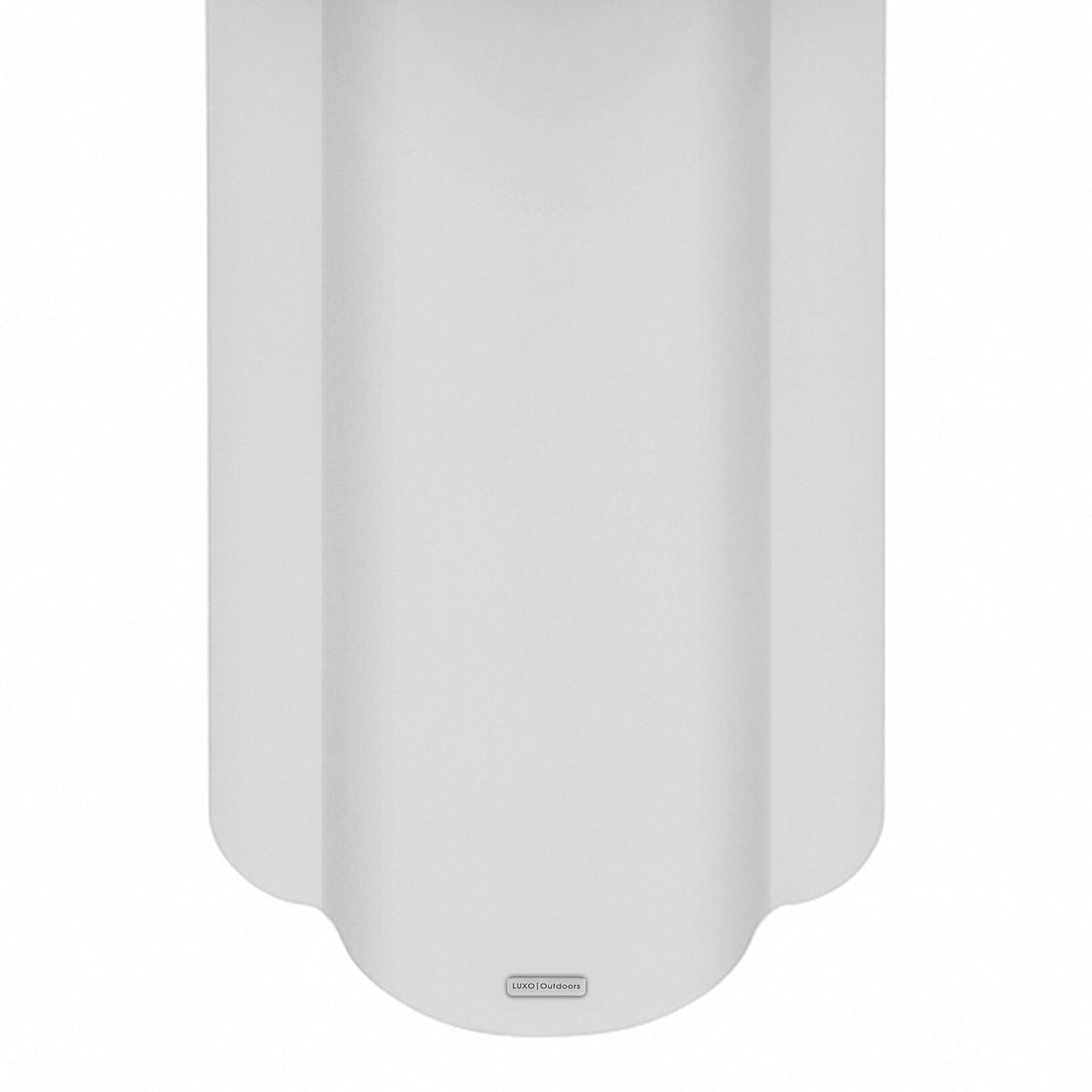 Underside of Jareth 80cm Round Concrete Outdoor Entry Table in White, showing curved base and "LUXO Outdoors" badge