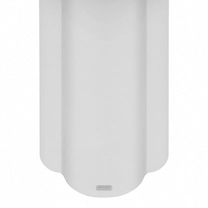 Underside of Jareth 80cm Round Concrete Outdoor Entry Table in White, showing curved base and "LUXO Outdoors" badge