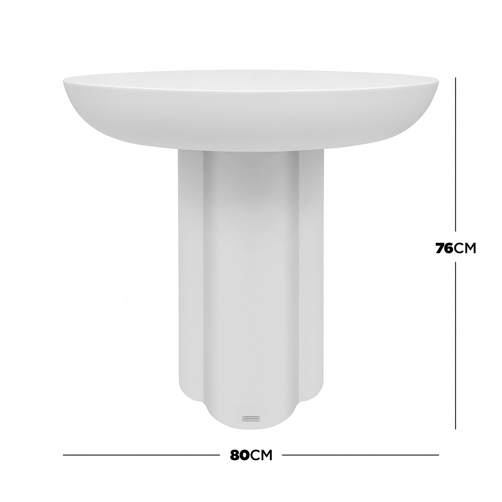 Jareth 80cm Round Concrete Outdoor Entry Table in White with dimensions 76cm height and 80cm width, featuring a sculptural