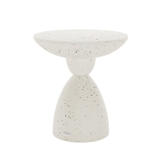 Angled view of Junia Terrazzo Indoor Outdoor Pedestal Concrete Side Table, showcasing its unique silhouette and texture