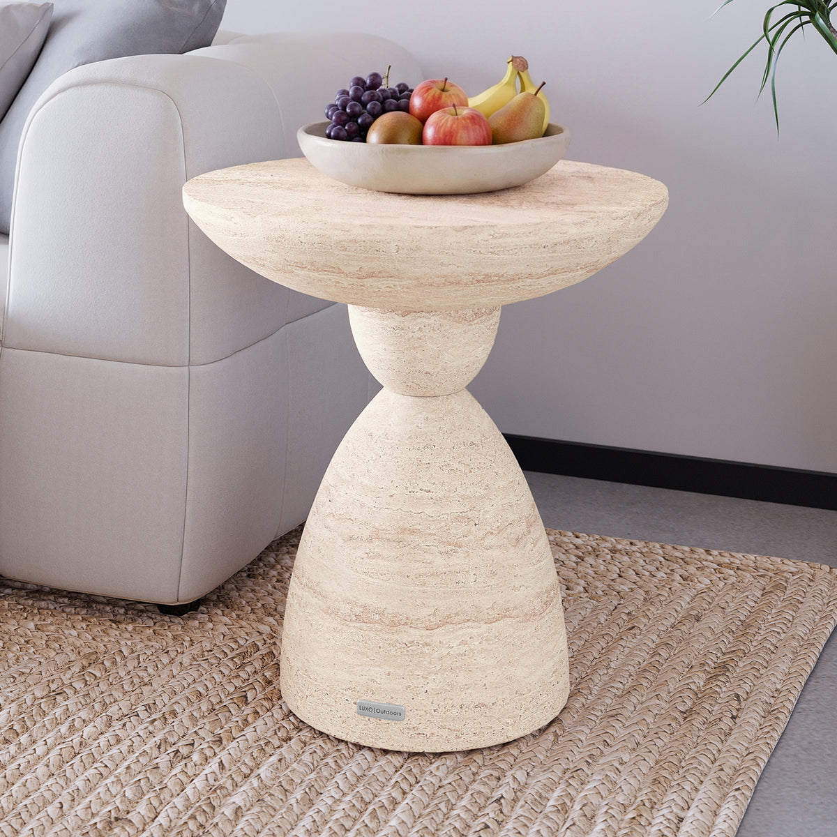 Junia Travertine Concrete Pedestal Side Table styled in a contemporary living room, perfect for indoor outdoor use - Lifestyle