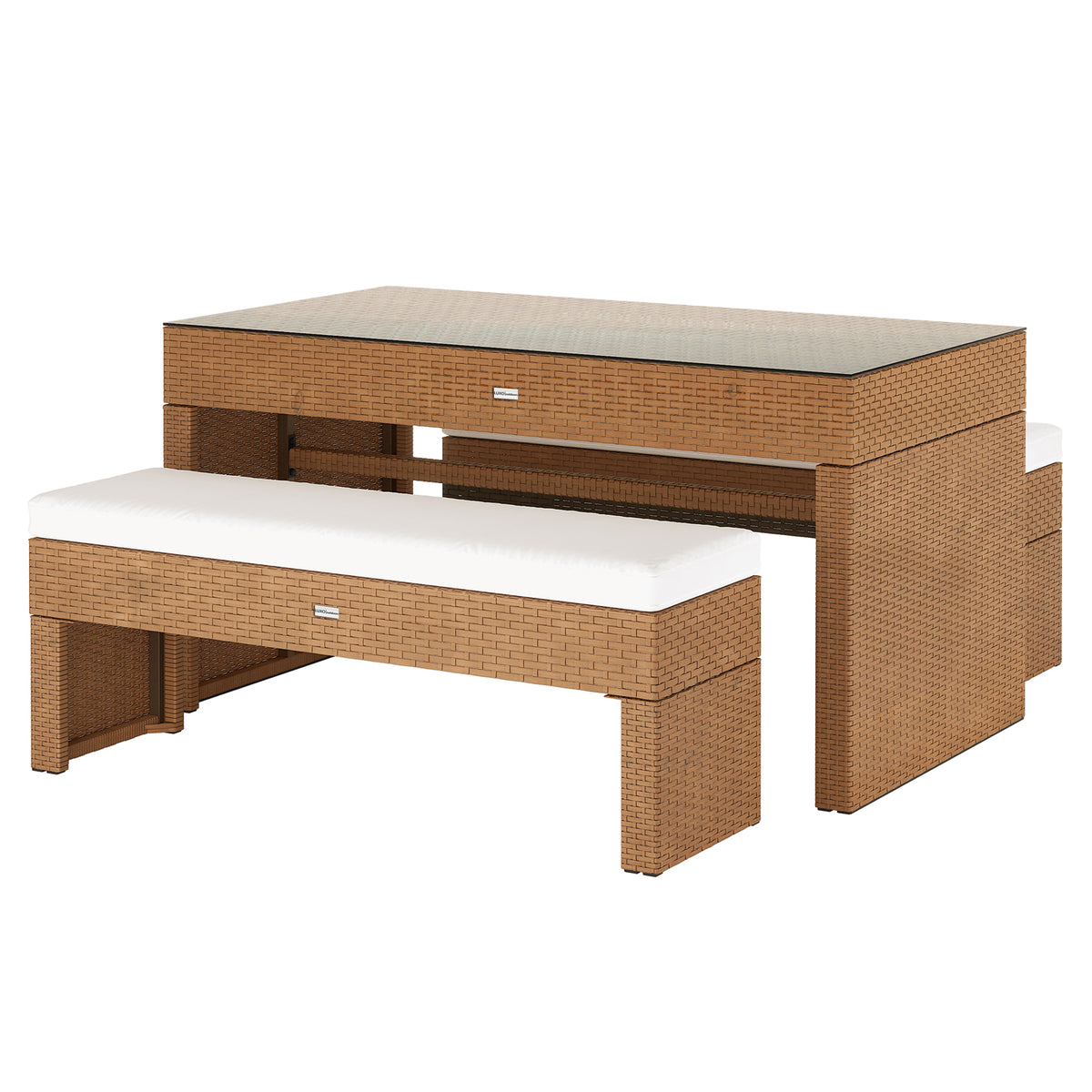 Kummi 4 Seater Outdoor Dining Bench Set showcases a honey-brown rattan table with dark glass top and two cushioned benches underneath, perfect for stylish and comfortable outdoor gatherings.