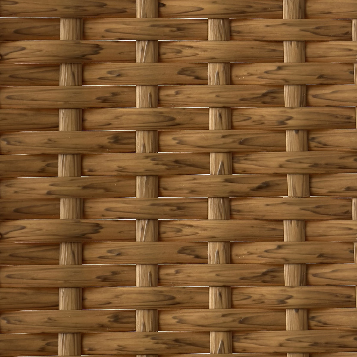 Close-up of the Kummi 4 Seater Outdoor Dining Bench Set's woven wooden surface, showcasing the intricate basket weave pattern of interlaced wooden strips, highlighting the craftsmanship and design detail.
