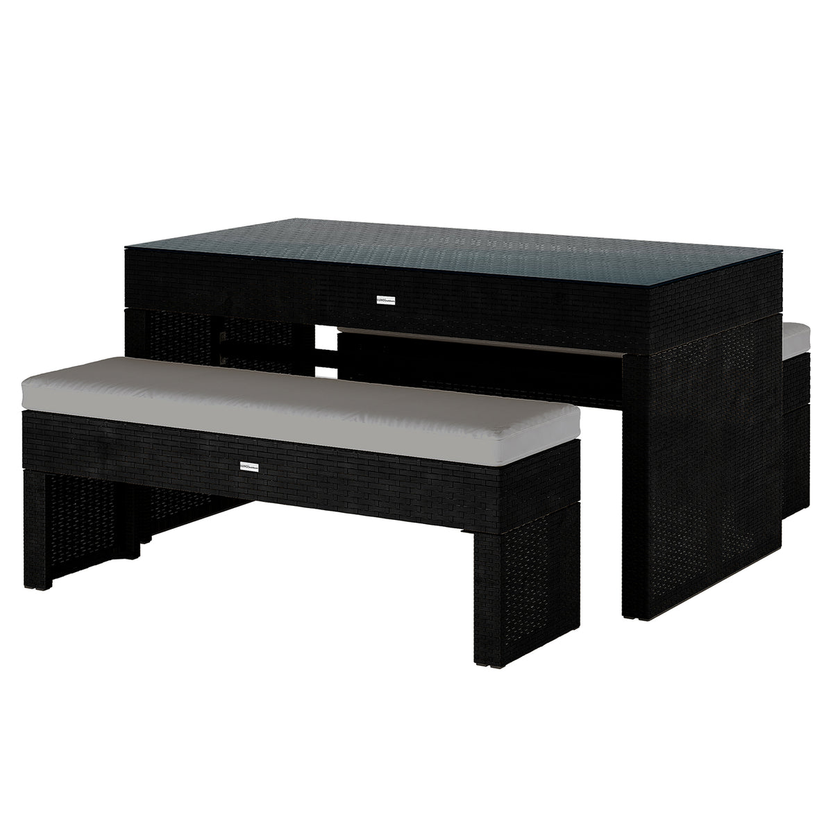 Kummi 4 Seater Outdoor Dining Bench Set features a black rattan-style table with a dark top and two benches with grey cushions, designed for seamless storage and outdoor elegance.