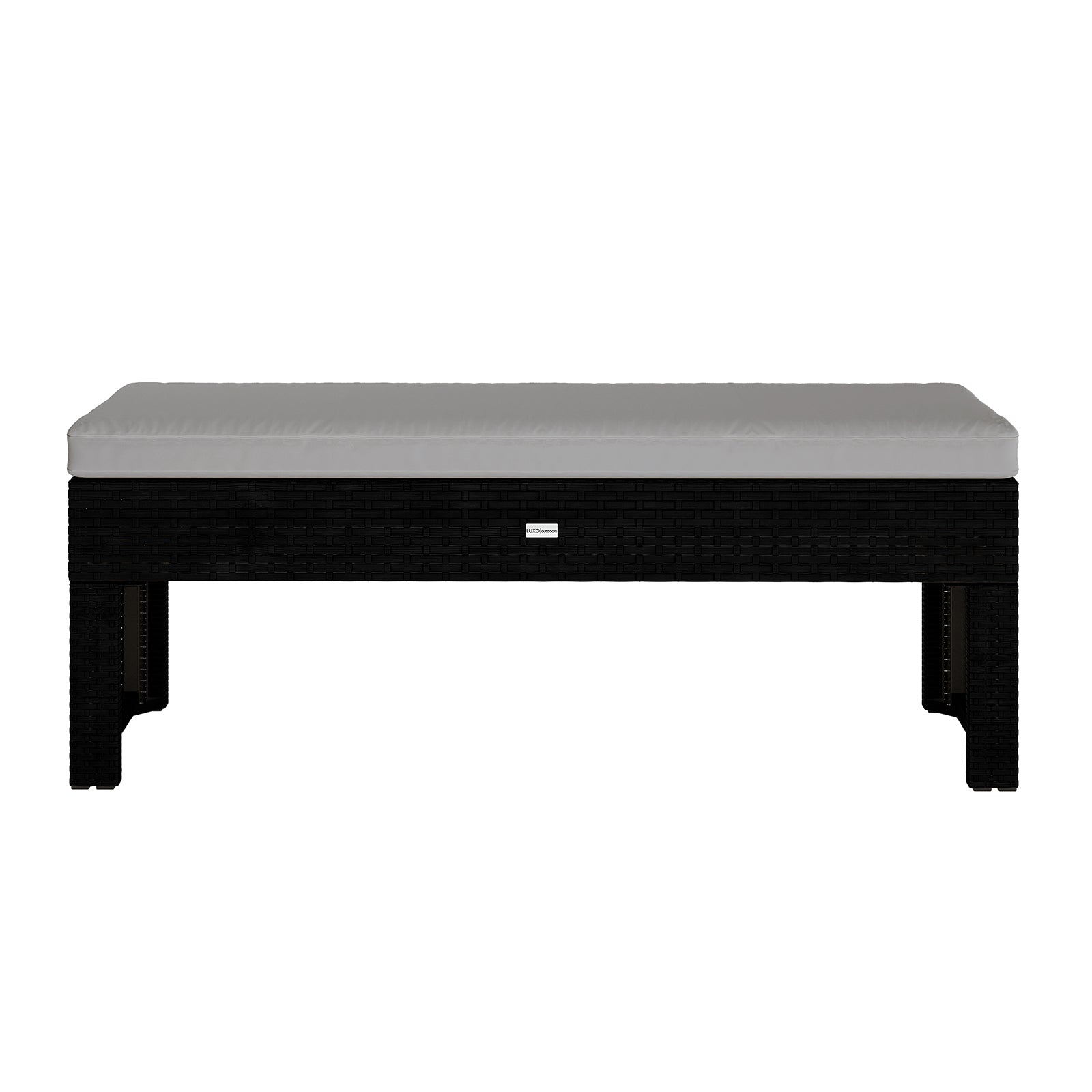 Kummi 4 Seater Outdoor Dining Bench Set in Natural & Warm Grey features a black wicker-textured frame with a light-gray cushion, highlighting its simple elegance ideal for alfresco dining and relaxation.