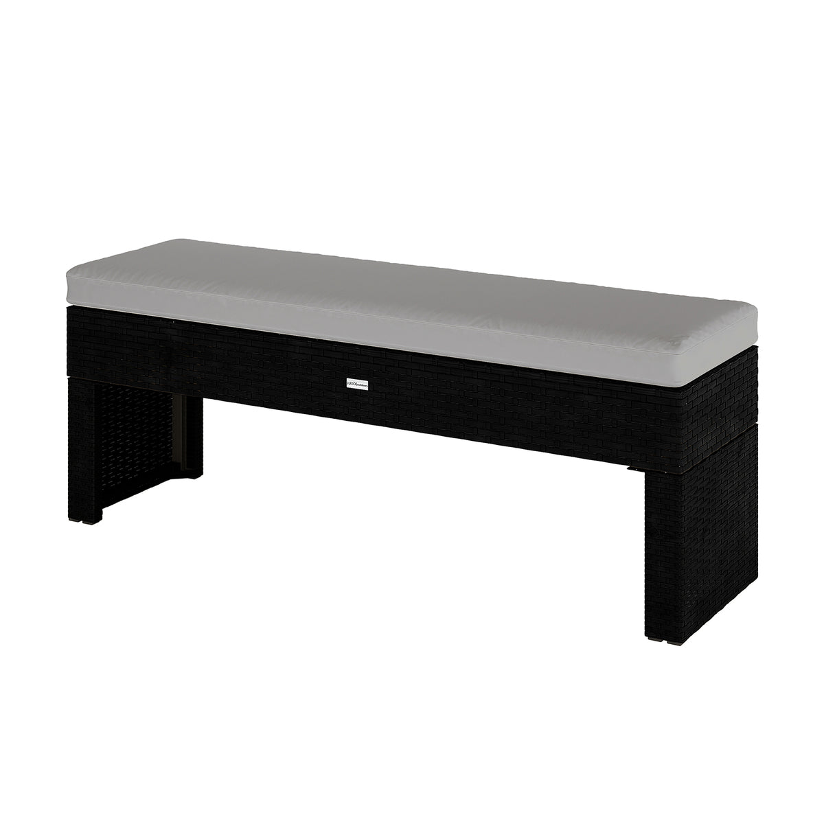 Kummi 4 Seater Outdoor Dining Bench Set in Natural & Warm Grey features a black synthetic wicker bench with a light-gray upholstered cushion, ideal for stylish patio seating.