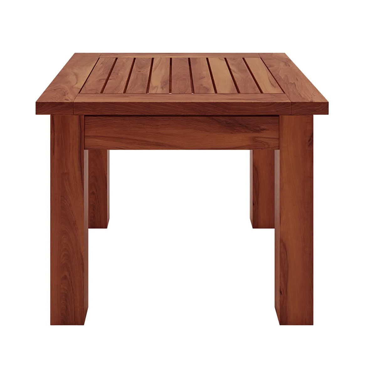 Close-up of the Laurette Timber Outdoor Side Table Natural, showcasing its FSC Eucalyptus wood grain texture, emphasizing its durability for outdoor use. Ideal for placing drinks and essentials while enjoying the sun.