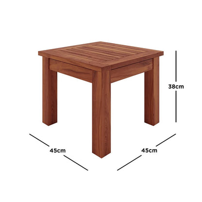 Laurette Timber Outdoor Side Table Natural, showcasing a close-up of its durable FSC Eucalyptus wood with visible grain texture, highlighting its craftsmanship and suitability for both indoor and outdoor use.