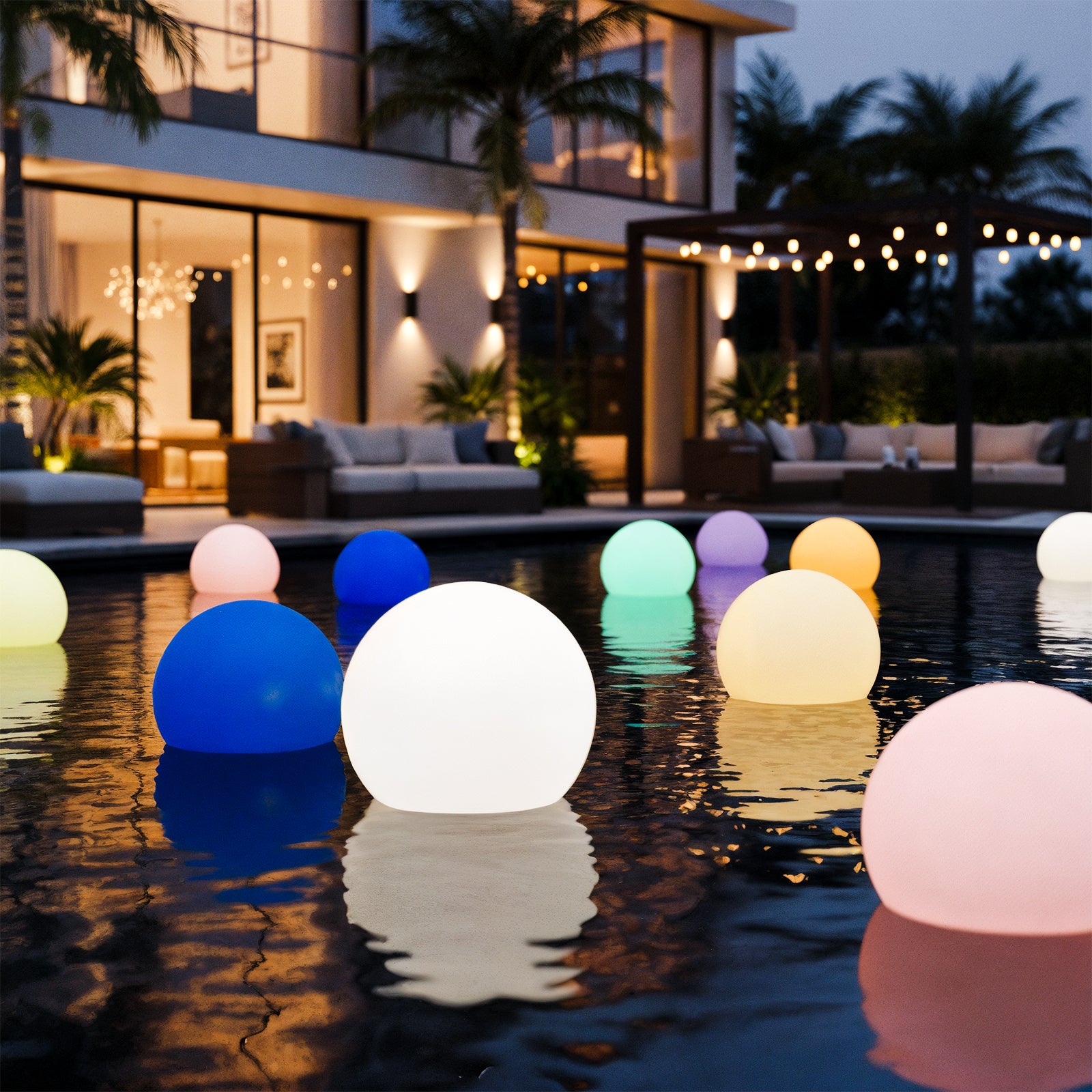 Sphero 40cm Floating Waterproof Outdoor LED Ball Lights illuminate a modern backyard pool at night, creating a magical ambiance with their vibrant glow among outdoor sofas and a string-lit pergola.