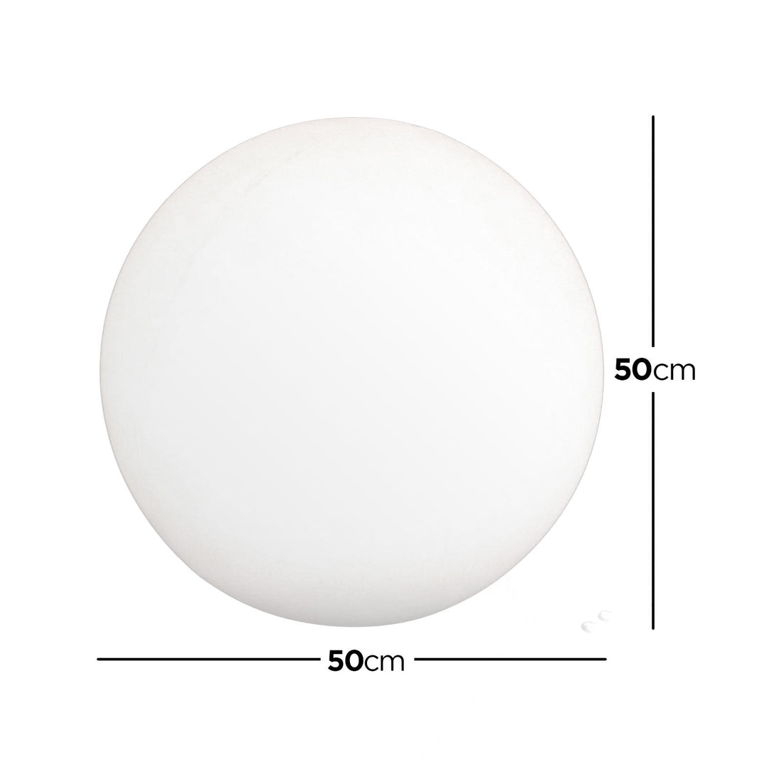 Waterproof Outdoor LED Ball Lights Décor 50cm, a sleek white sphere with a black border, displayed with a measuring tape for size reference, showcasing its versatility and stylish design for outdoor settings. - Dimensions