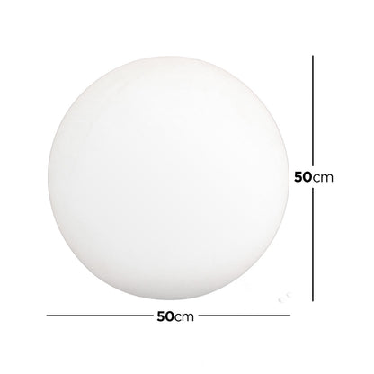 Waterproof Outdoor LED Ball Lights Décor 50cm, a sleek white sphere with a black border, displayed with a measuring tape for size reference, showcasing its versatility and stylish design for outdoor settings. - Dimensions