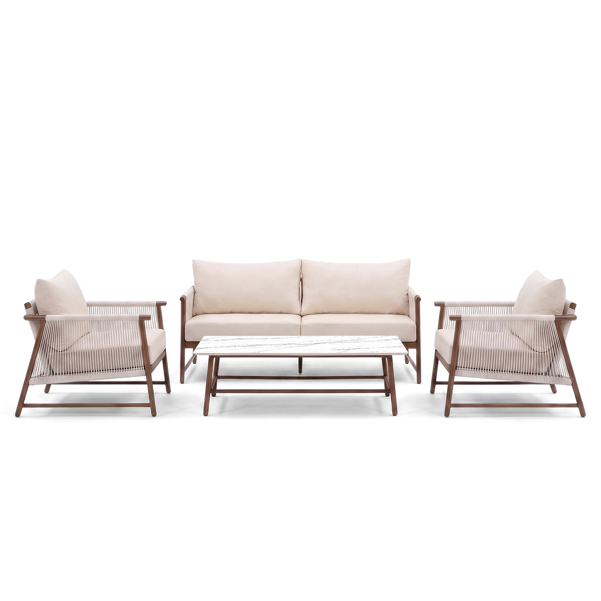 Modern outdoor seating set with sofa, two armchairs, and coffee table on a white background