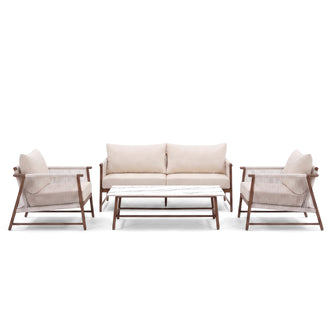 Modern outdoor seating set with sofa, two armchairs, and coffee table on a white background