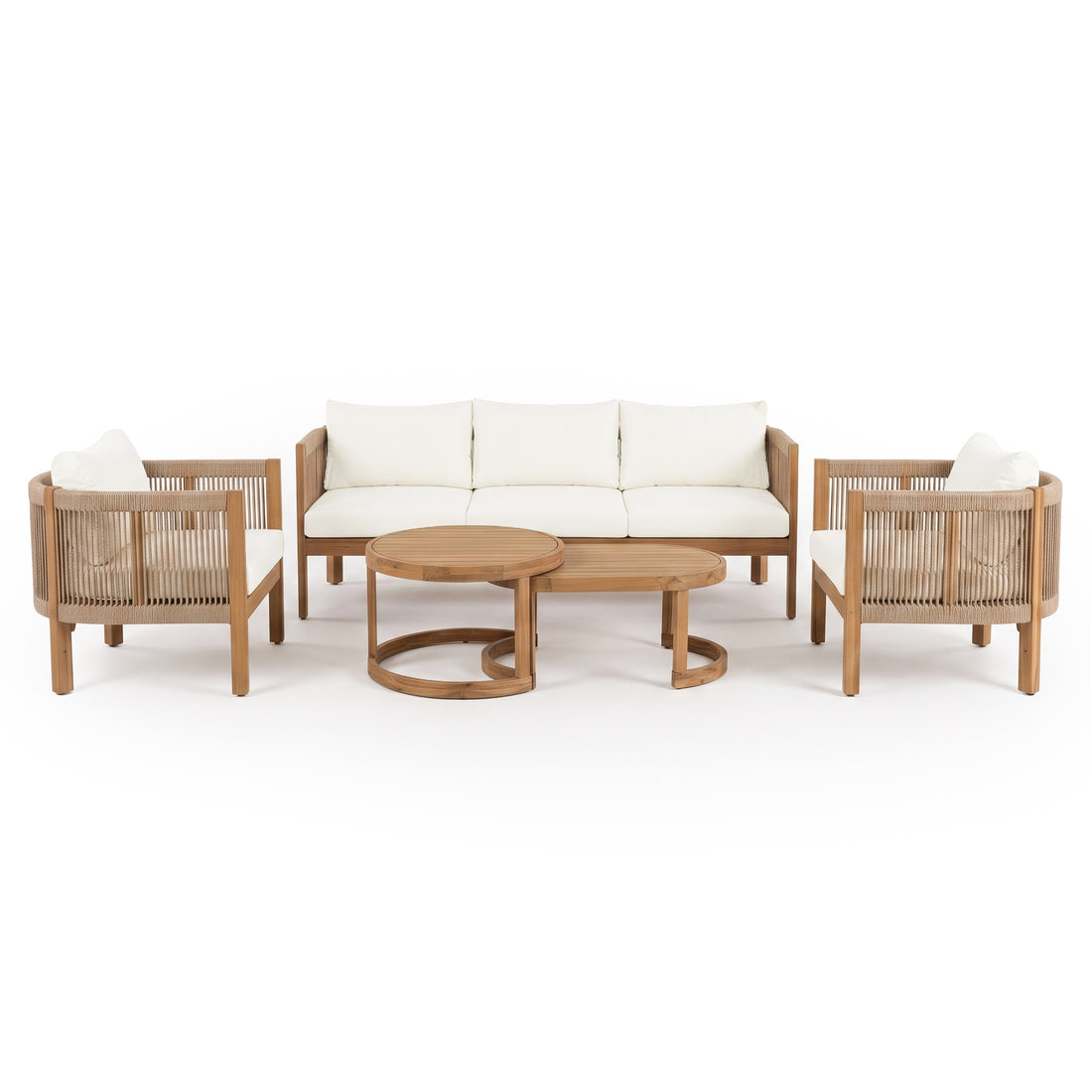 Outdoor furniture set with sofa, two armchairs, and two round coffee tables on a white background