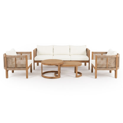 Outdoor furniture set with sofa, two armchairs, and two round coffee tables on a white background