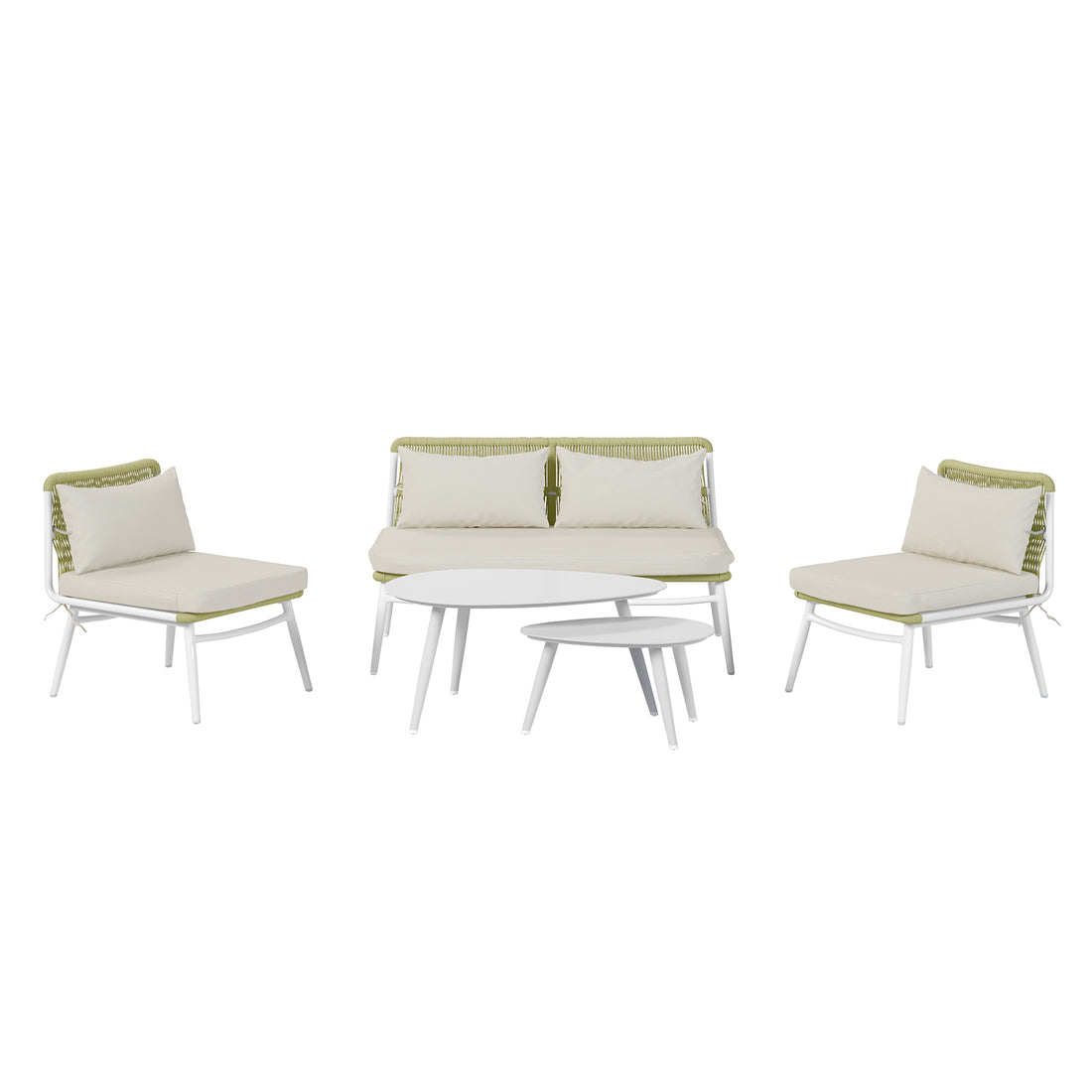 Lowanna 4pc Aluminium Rope Wicker Outdoor Lounge Set Mint Green featuring a green chair with a white pillow, showcasing its sturdy design and inviting comfort for outdoor relaxation.