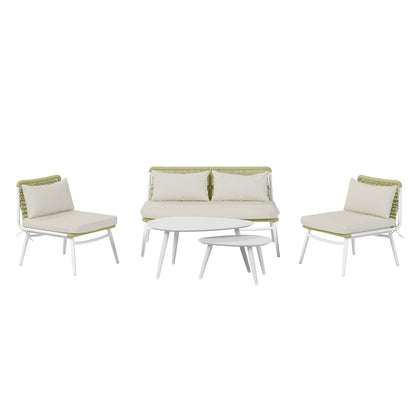 Lowanna 4pc Aluminium Rope Wicker Outdoor Lounge Set Mint Green featuring a green chair with a white pillow, showcasing its sturdy design and inviting comfort for outdoor relaxation.
