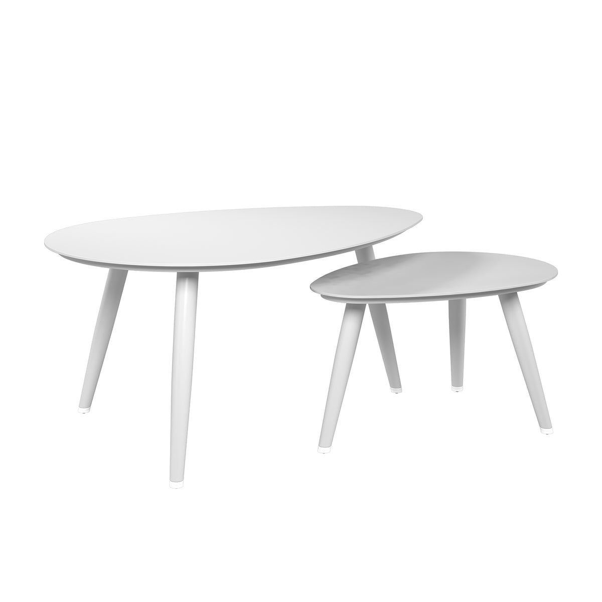 Lowanna 4pc Aluminium Rope Wicker Outdoor Lounge Set Mint Green featuring a sleek white table with curved top and a cylindrical stool with a black lid, exemplifying modern outdoor furniture design.