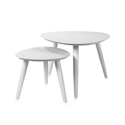 Lowanna 4pc Aluminium Rope Wicker Outdoor Lounge Set Mint Green featuring a white round table, plate with fork, and white cylinder with black lid, highlighting its modern design and functional elements.