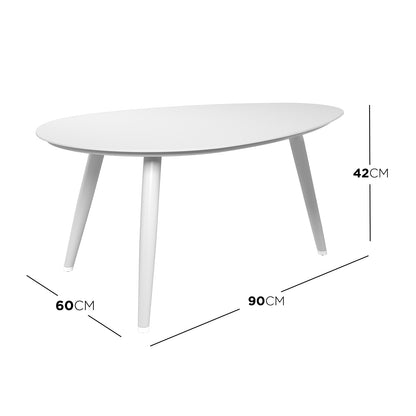 Dimension of the Lowanna 4pc Aluminium Rope Wicker Outdoor Lounge Set Mint Green featuring a white oval table with legs and a white cylinder with a black lid, showcasing modern outdoor furniture design.