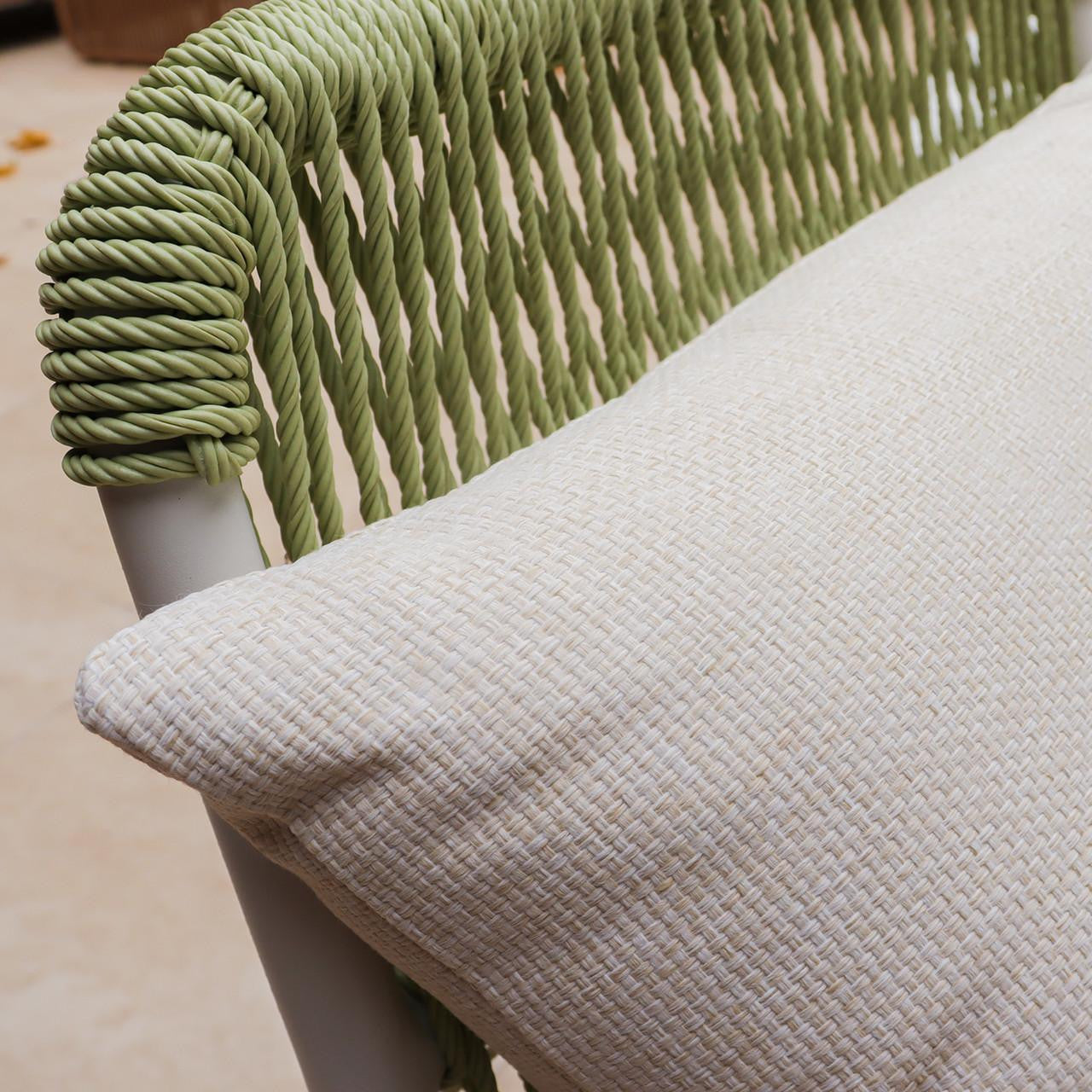 Lowanna 4pc Aluminium Rope Wicker Outdoor Lounge Set Mint Green, showcasing a close-up of the woven rope texture and a pillow, highlighting the durable and stylish design ideal for outdoor use.