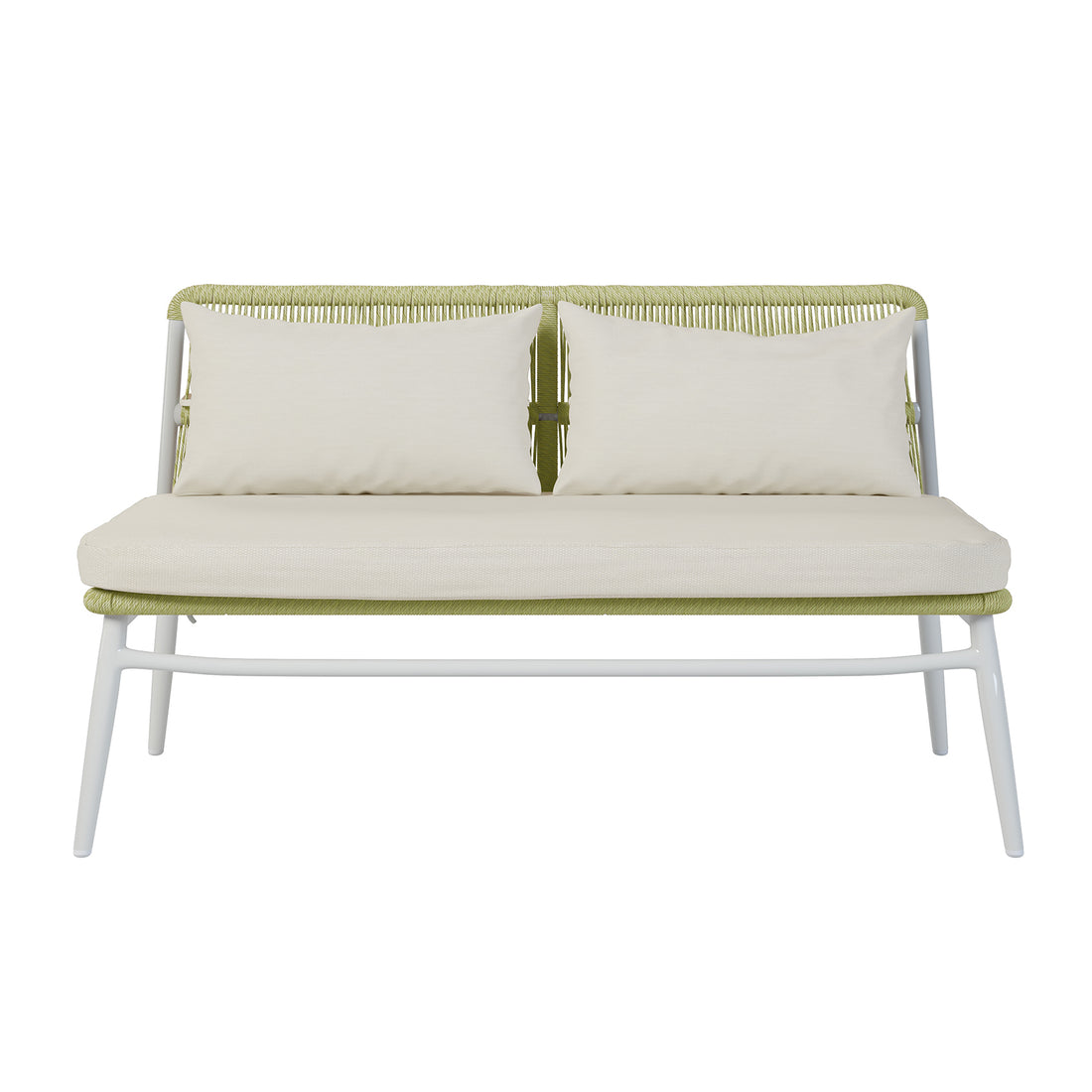 Lowanna 4pc Aluminium Rope Wicker Outdoor Lounge Set Mint Green featuring a close-up of the thick, plush cushion on a sofa, highlighting the durable rope wicker and sturdy aluminium frame designed for outdoor comfort.