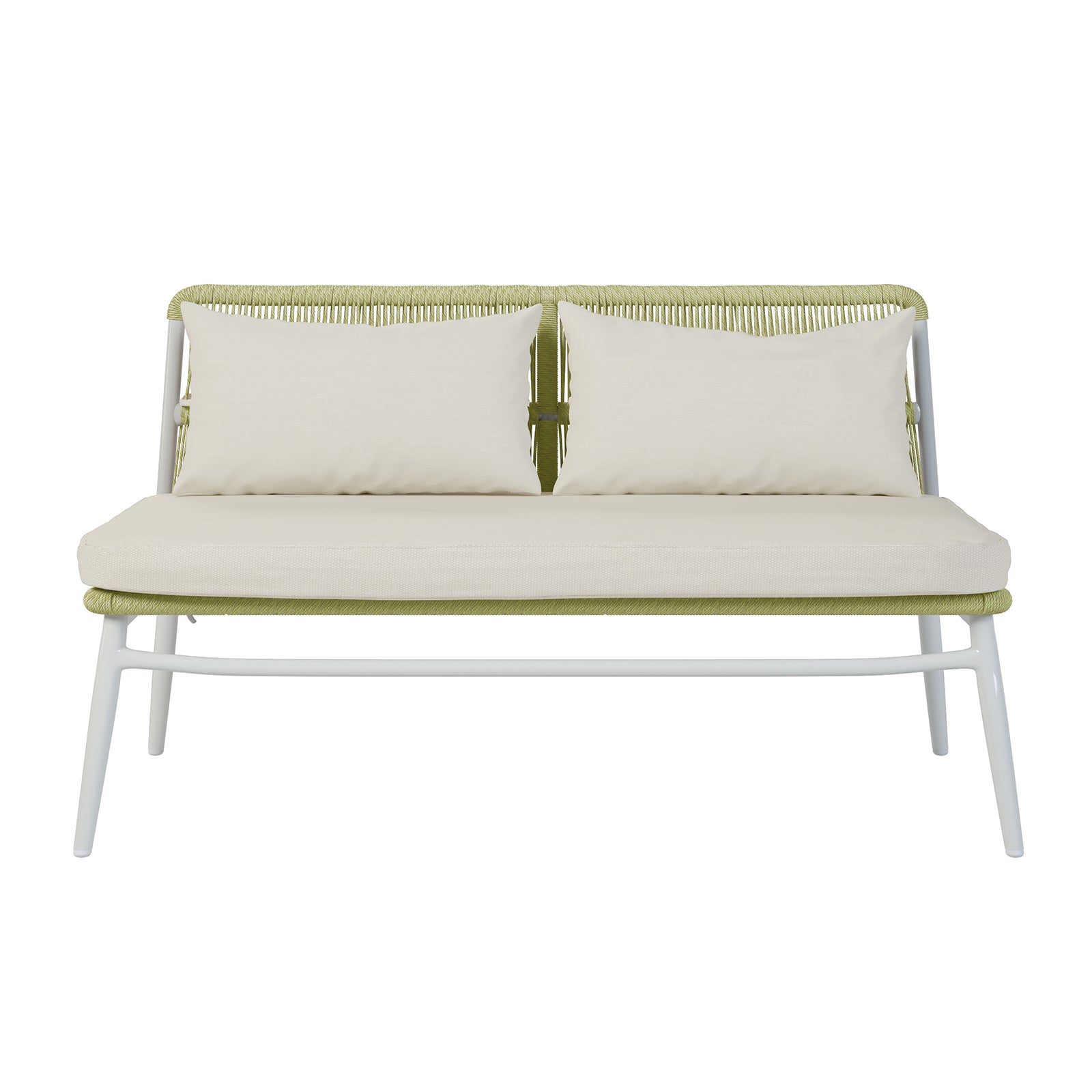 Lowanna 4pc Aluminium Rope Wicker Outdoor Lounge Set Mint Green featuring a close-up of the thick, plush cushion on a sofa, highlighting the durable rope wicker and sturdy aluminium frame designed for outdoor comfort.
