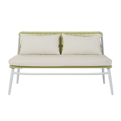 Lowanna 4pc Aluminium Rope Wicker Outdoor Lounge Set Mint Green featuring a close-up of the thick, plush cushion on a sofa, highlighting the durable rope wicker and sturdy aluminium frame designed for outdoor comfort.