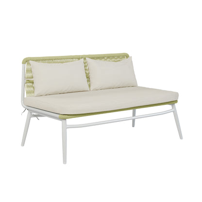 Lowanna 4pc Aluminium Rope Wicker Outdoor Lounge Set Mint Green showcasing a close-up of the cushioned seating, highlighting the woven detail and sturdy frame, perfect for enhancing outdoor relaxation spaces.